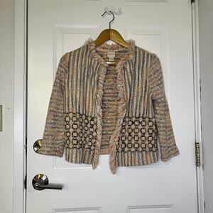 Chico's Open Front Tweed Blazer Women Size 0 Cotton Blend Fringe Hem Orange Tone